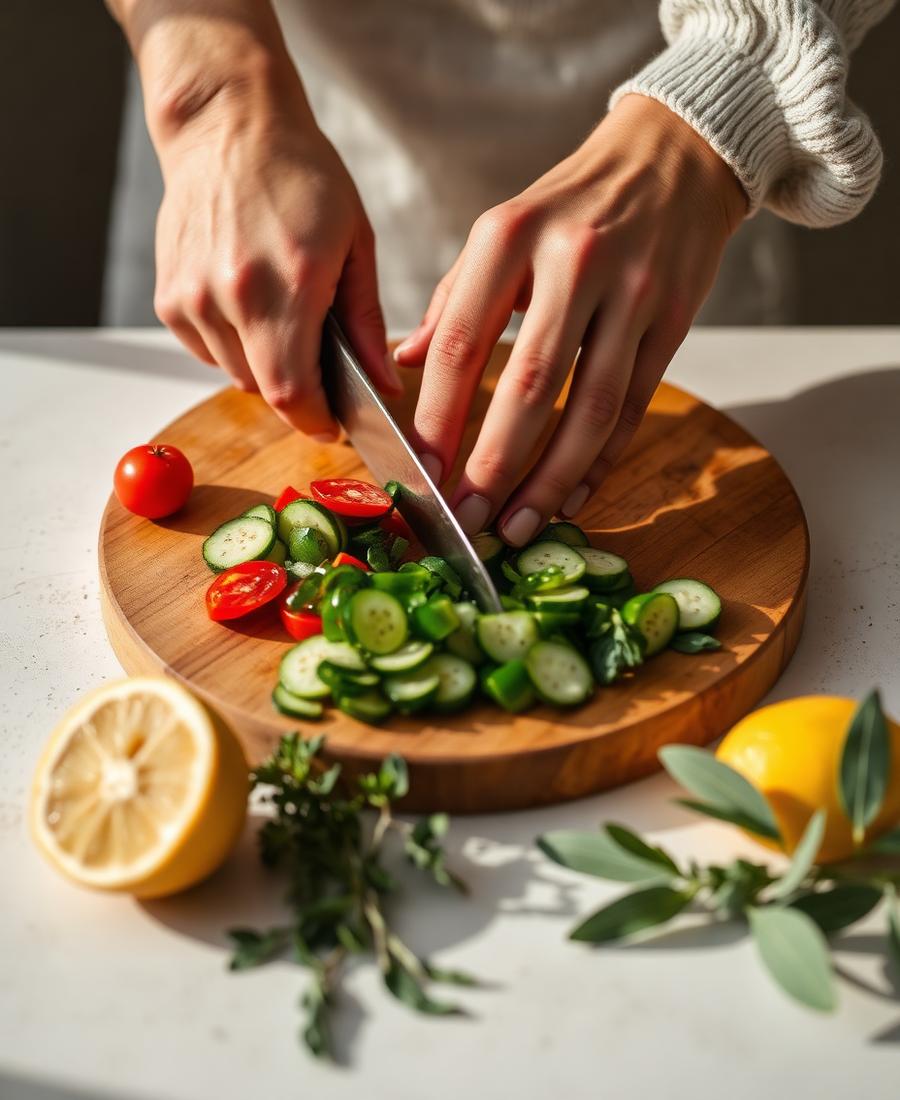Mãos preparando vegetais frescos