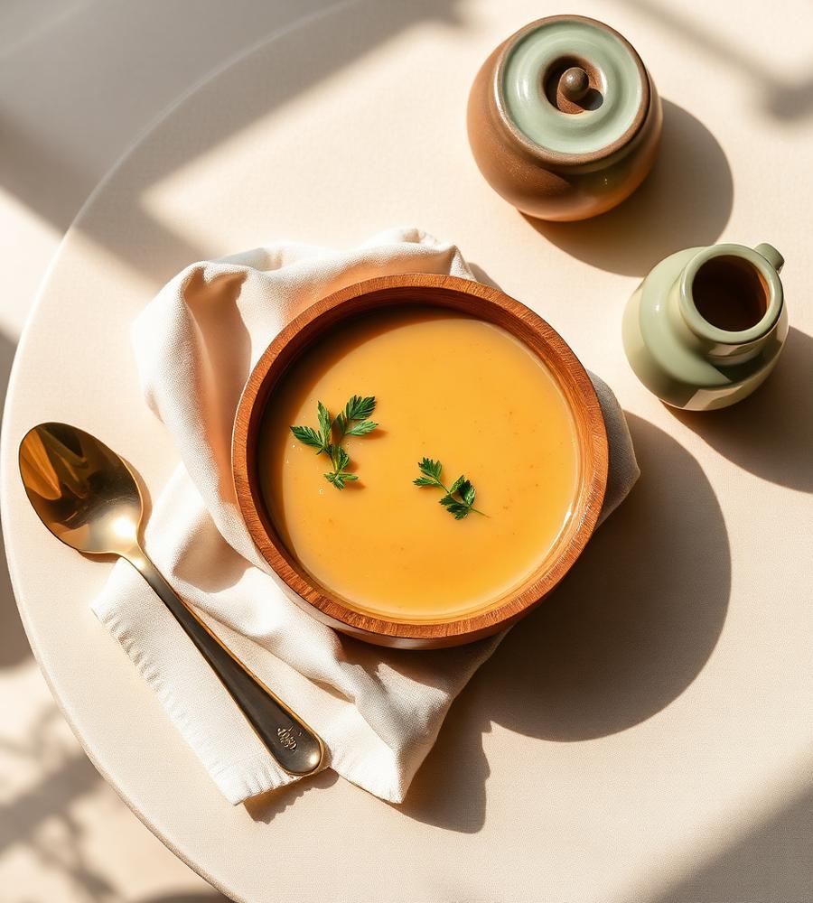 Mesa posta com sopa e cerâmica